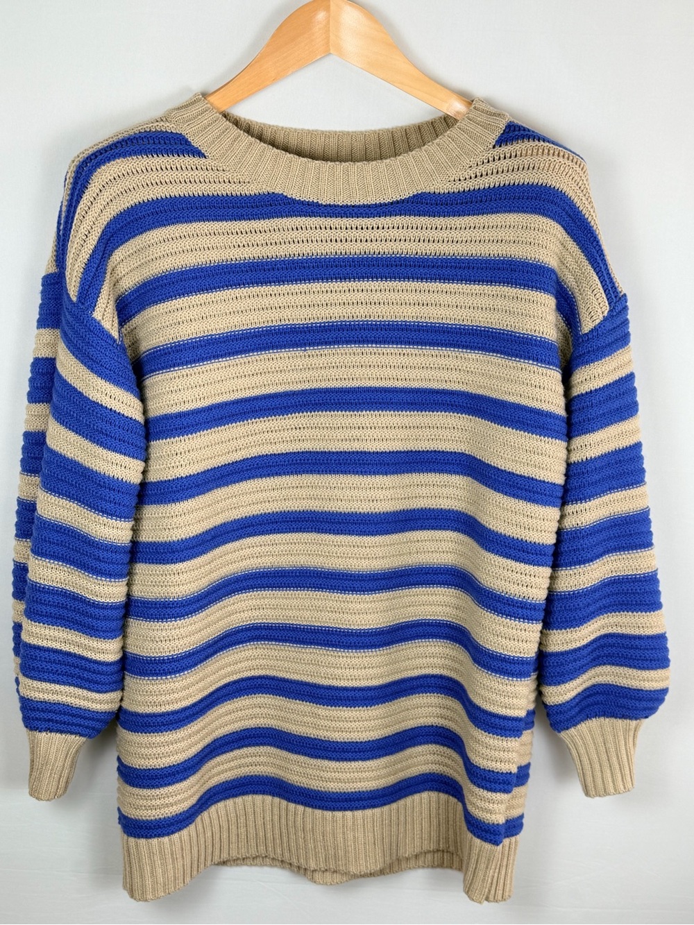 Striped Knit Sweater Blue Tan Crewneck Relaxed Fit Preppy Coastal